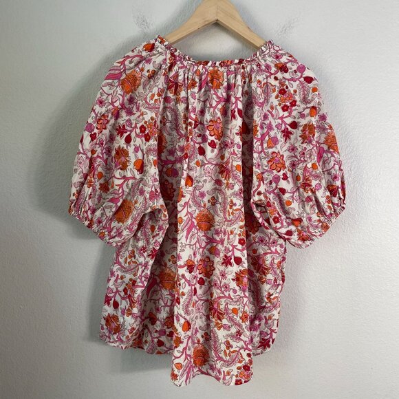 Knox Rose Womens XL Floral Peasant Blouse Pink Orange Cotton Short Sleeve Shirt - Picture 9 of 10